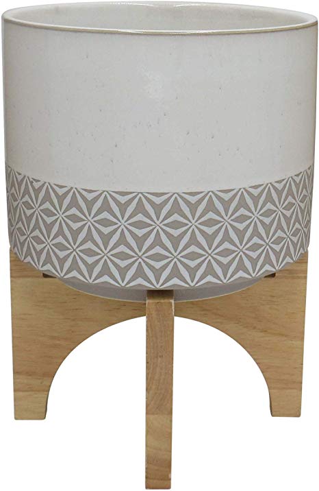 Rivet Mid-Century Stoneware Planter with Wood Stand, 13.98"H, Gray and Beige