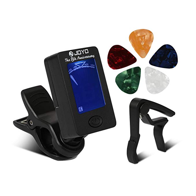 GoZheec Guitar Tuner and Capo Set, Digital Electronic Clip on Tuner Acoustic with LCD Display for Guitar, Bass, Violin, Ukulele (5 Pcs Picks Included)