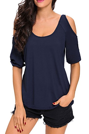 Astylish Womens Casual 3/4 Sleeve Scoop Neck Cold Shoulder Blouse Tops
