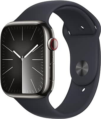 Apple Watch Series 9 [GPS   Cellular 45mm] Smartwatch with Graphite Stainless Steel Case with Midnight Sport Band S/M. Fitness Tracker, ECG Apps, Always-On Retina Display