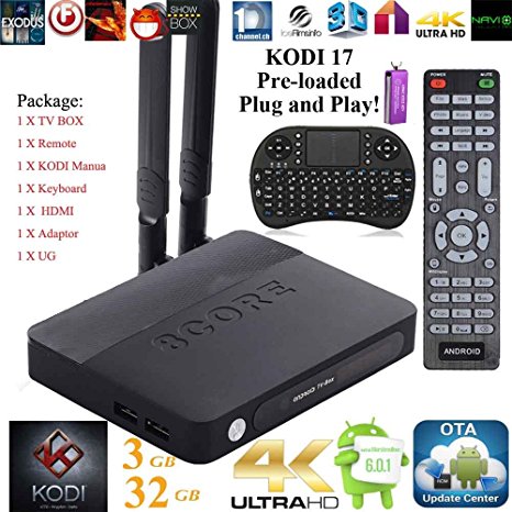 Kukele 2017 Strongest Media Player S912 Fully Unlocked Loaded KODI 17 Android 6.0 Marshmallow TV Box [3GB 32GB/Octa Core/4K/Antenna/KODI Instruction/Wireless Keyboard] Plug-n-Play Watch Anything