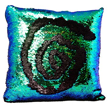 ReLIVE Reversible Sequins Color Changing Mermaid Pillow Case with Matching Throw Pillow Included 45x44cm (Peacock Blue/Green & Black)