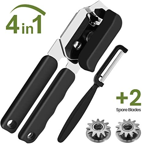 Can Opener Smooth Edge Manual, MOHOO Can Openers Hand Held 4-IN-1 Magnet Tin Opener Stainless Steel Bottle Opener, Lightweight Can Opener with Non-Slip Handle for Senior with Arthritis