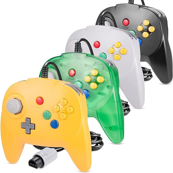 iNNEXT [New Version] 4 Pack for N64 Controller, Game pad Joystick for 64 - Plug & Play (Non PC USB Version) (Joystick from Japan) Black/Grey/Clear Green/Yellow