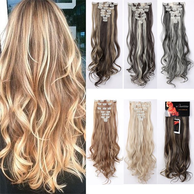8PCS 24-26 inches Highlight Straight Wavy Curly Full Head Clip in Hair Extensions 18Clips Women Lady Hairpiece