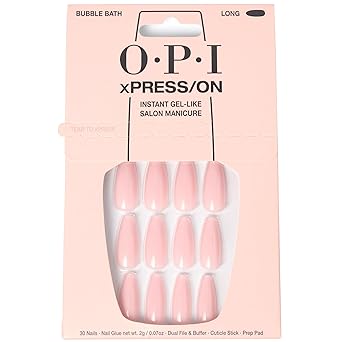 OPI xPress/On Press On Nails, Up to 14 Days of Wear, Gel-Like Salon Manicure, Vegan, Sustainable Packaging, With Nail Glue, Long Neutral Coffin Shape Nails, Bubble Bath