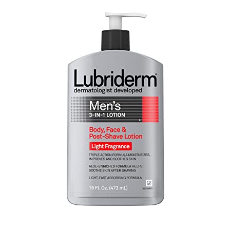Lubriderm Men's 3-In-1 Lotion Enriched with Soothing Aloe for Body and Face, Non-Greasy Post Shave Moisturizer with Light Fragrance, 16 fl. oz