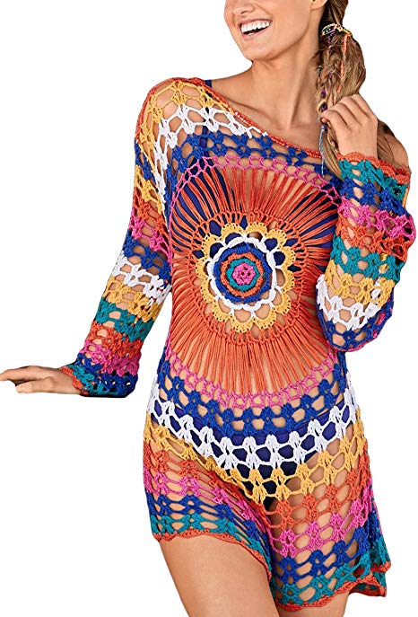 Bsubseach Women Embroidered Half/Long Sleeve Swimsuit Cover Up Mini Beach Dress