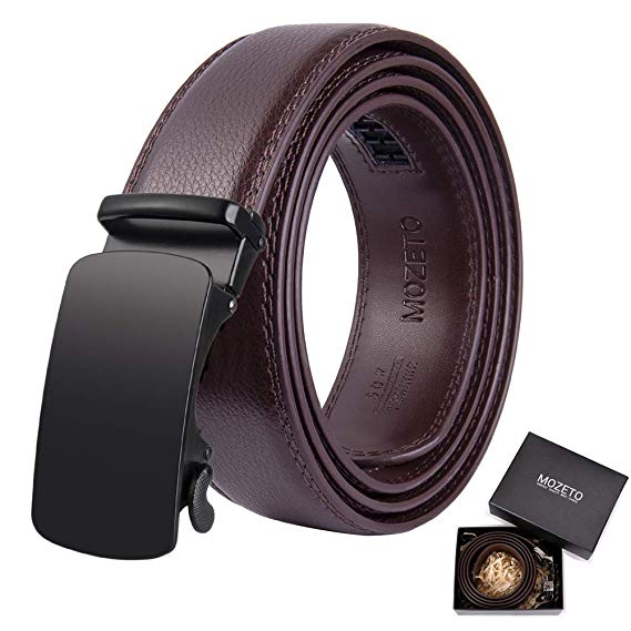 MOZETO Men's Belt, Genuine Leather Ratchet Dress Belt for Men, Automatic Sliding Buckle, Anti-peeling Leather Gift Box