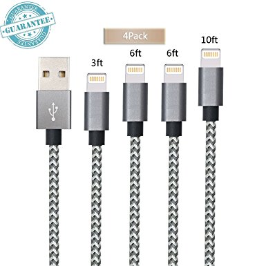 Lightning Cable - 4Pack 3FT 6FT 6FT 10FT, DANTENG Extra Long iPhone Cable - Nylon Braided 8 Pin to USB Cord for iPhone 7,6s,6 Plus,SE,5s,5,Pad,iPod(Gray White)