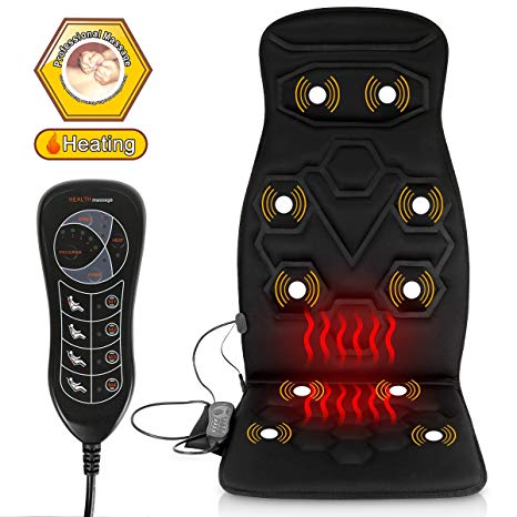 Comfitech Heated Car Seat Back Massager Cushion Chair Pad with 10 Vibrating Motors for Office, Auto and Home (Black)