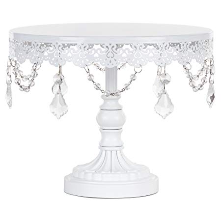 Amalfi Décor Sophia Collection Metal Cake Dessert Stand with Crystal Beads and Dangles, 10" Diameter Plate (White)