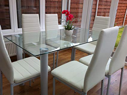 KOSY KOALA STUNNING WHITE GLASS, DINING TABLE SET AND 6 FAUX LEATHER CHAIRS