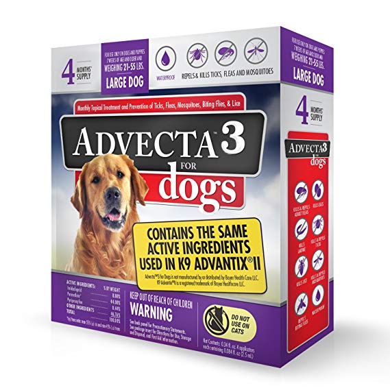 Advecta 3 For Dogs - Large - Flea & Tick Topical Treatment - 4 Count (4 Months' Supply)