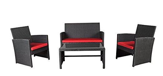 Modern Outdoor Garden, Patio 4 Piece Seat - Wicker Sofa Furniture Set (Black)