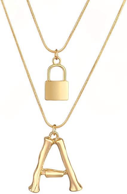 Lock Necklace with Heart Pendant Long Necklaces for Women 2 Pack Layered Bamboo A Initial Necklace for Girls Birthday or Christmas Gifts