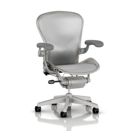 Herman Miller Aeron Task Chair: Highly Adjustable w/PostureFit Lumbar Support - Fully Adjustable Vinyl Arms - Tilt Limiter - Size B - Standard Carpet Casters - Titanium Smoke Frame/Classic Zinc Pellicle - Size B (Medium)