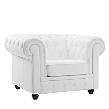 Classic Scroll Arm Tufted Bonded Leather Accent Chair in Colors Black, White (White)