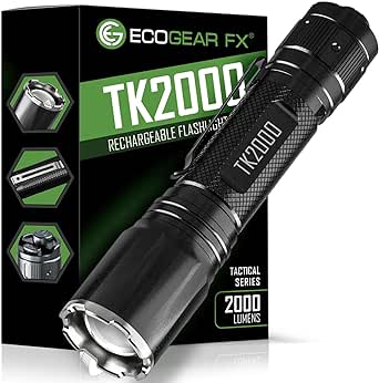 EcoGear FX TK2000 Tactical Flashlight Kit - Delivering 2000 Lumens Max, 3 Light Modes with Instant Strobe Light, Adjustable Focus Zoom, USB Rechargeable with a 5000mAh High Power Battery