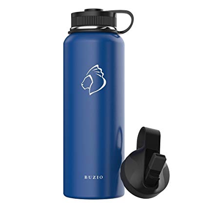 BUZIO Vacuum Insulated Stainless Steel Water Bottle (Cold for 48 Hrs/Hot for 24 Hrs), 1 litre Double Walled Wide Mouth Sports Drink Flask with BPA Free Straw Lid and Flex Cap
