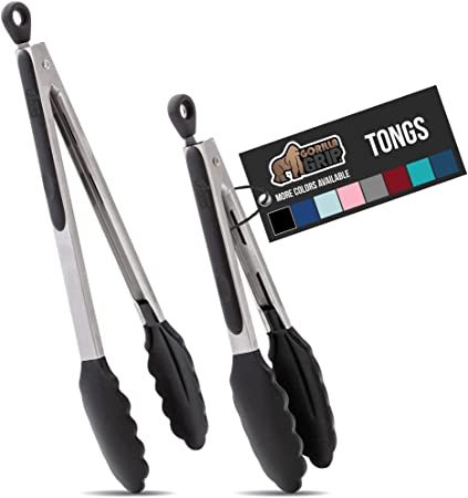 Gorilla Grip Stainless Steel Silicone Tongs for Cooking, Set of 2, Includes 9 and 12 Inch Locking Kitchen Tong, Heat Resistant Tip, Strong Grip for Meat, Perfect for Nonstick Pans, BBQ, Black