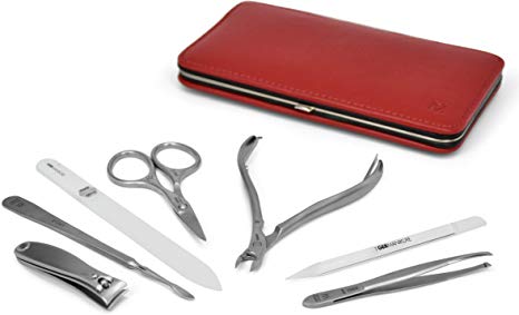 7pcs Manicure Set German FINOX Surgical Stainless Steel: Cuticle Nippers, Nail Cleaner, Clippers and Scissors, Tweezers, Glass Nails File and Pusher Stick in Red Leather by GERmanikure Solingen