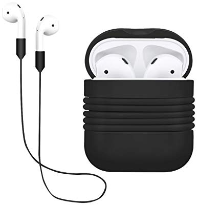 Yometome AirPods Case, Shockproof Silicone Protective Cover Skin with Earphone Sports Anti-Lost Strap for Apple Airpods Charging Case Black