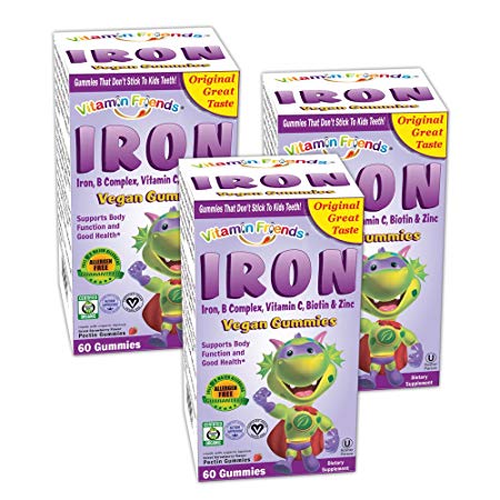 Vitamin Friends Kids Iron Gummies - Vegan, Organic, Kosher, Allergen Free Iron Gummy, Supports Healthy Iron Levels without Nausea or Constipation - 3 Pack