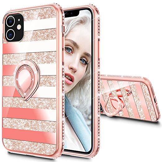 Maxdara Case for iPhone 11 Case Glitter Ring Kickstand Case for Girls Women with Bling Sparkle Diamond Rhinestone Stand Holder Protective Case for iPhone 11 6.1 inches (Stripe Rosegold)