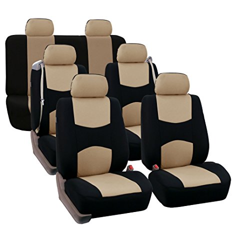 FH GROUP FH-FB351217 Three Row Full Set - All Purpose Flat Cloth Built-In Seat Belt Car Seat Cover Beige / Black - Fit Most Truck, Suv, or Van