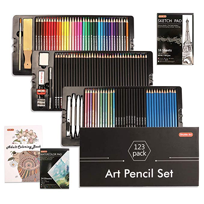 Shuttle Art 123 Pack Art Pencil Set, 36 Watercolor Pencils,36 Oil Based Pencils,12 Sketch Pencils,12 Metallic Color Pencils,12 Charcoal Pencils,15 Pieces Drawing Kit, Great Gift for Kids Adults