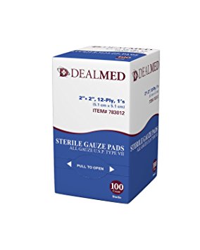 Dealmed Sterile Gauze Pads, Individually Wrapped Absorbent 2" x 2" , 100/Box