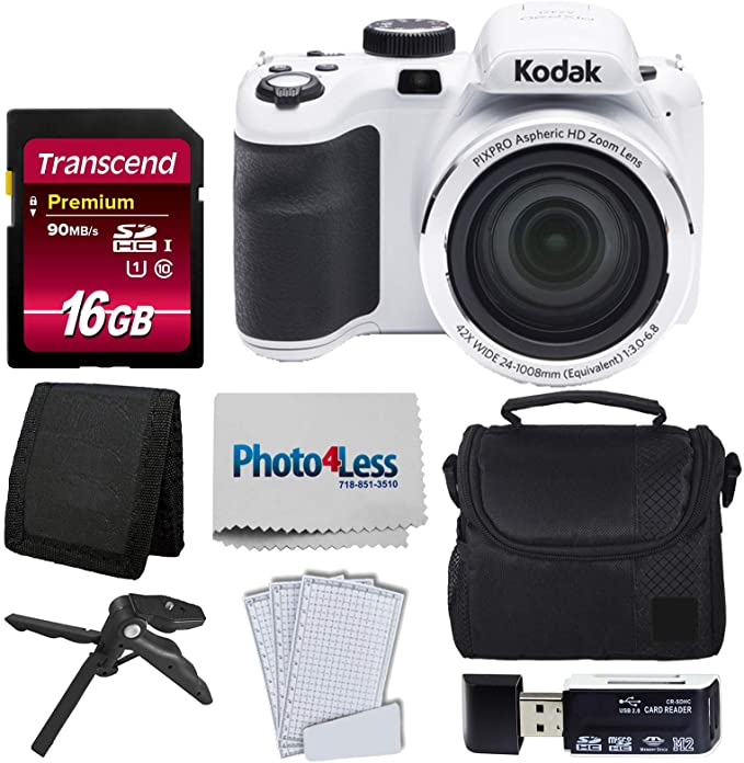 Kodak PIXPRO AZ421 Digital Camera (White)   Camera Case   Transcend 16GB SDHC Class10 UHS-I Card 400X Memory Card   USB Card Reader   Table Tripod   Accessories