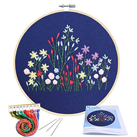 Full Range of Embroidery Starter Kit with Pattern, Kissbuty Cross Stitch Kit Including Embroidery Cloth with Plants Pattern, Bamboo Embroidery Hoop, Color Threads and Tools Kit (Floral Plants)