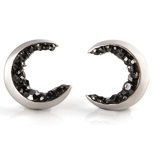 LAONATO Crescent Moon and Black CZ Earrings