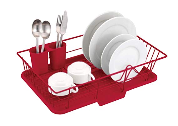 Sweet Home Collection 3 Piece Dish Drainer Rack Set with Drying Board and Utensil Holder, 12" x 19" x 5", Red