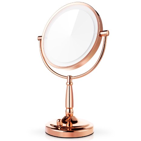 Miusco 7X Magnification Double Sided Adjustable Warm LED Lighted Makeup Mirror, 8 inch, Rose Gold