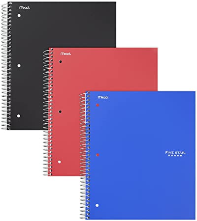 Spiral Notebooks, 1 Subject, Graph Ruled Paper, 100 Sheets, 11" x 8-1/2", Black, Red, Blue, 3 Pack
