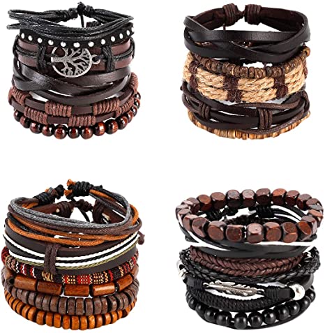 21PCS Mixed Wrap Braided Leather Bracelets for Women Wrap Wristbands Bracelets and Wooden Bead Bracelet Set Pack Handmade Leather Bracelets for Men 7-8.5inches Adjustable