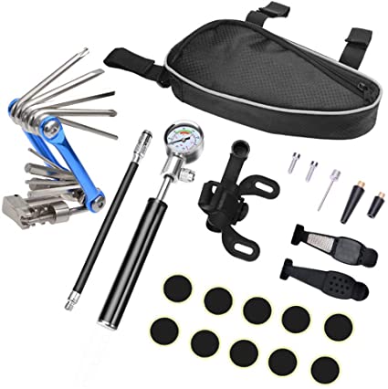 Bike Repair Kit - Bicycle Tool kit with 210 Psi Mini Pump，Fits Presta and Schrader Valve，Portable Bicycle Tire Pump with Portable Bag