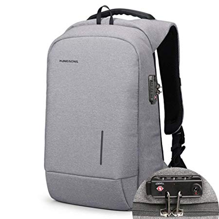 Lightweight Traveling Laptop Backpack, Kingsons Business Travel Computer Bag Slim Laptop Rucksack 15.6" with USB Charging Port TSA Lock Anti Theft Bag Water Resistant for 15.6-Inch Laptop bag(Light Grey)