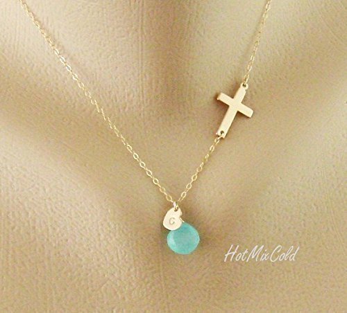 Personalized Monogram Sideways Cross Necklace, Initial Heart Charm Necklace, Birthstone Jewelry, Blessed Necklace, Mother Necklace