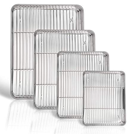 P&P CHEF Baking Sheet and Rack Set, 8 PACK (4 Sheets   4 Racks), Stainless Steel Baking Pans Cookie Sheets with Cooling Rack, Healthy & Mirror Finish,Oven & Dishwasher Safe