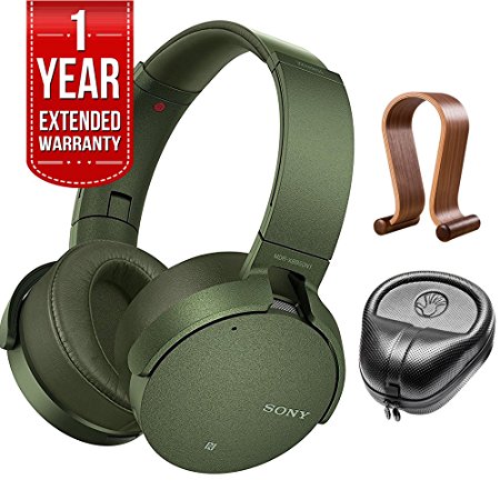 Sony XB950N1 Noise Canceling Extra Bass Wireless Bluetooth Headphones Green (MDRXB950N1/G) with Wood Headphone Stand, HardBody PRO Full Sized Headphone Case Black & 1 Year Extended Warranty