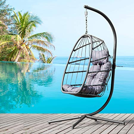 onEveryBaby Egg Chair with Stand, Indoor Outdoor Hammock Wicker Hanging Chair Swing Chair Patio UV Resistant with Cushion Aluminum Frame 350lbs Capacity (Grey)