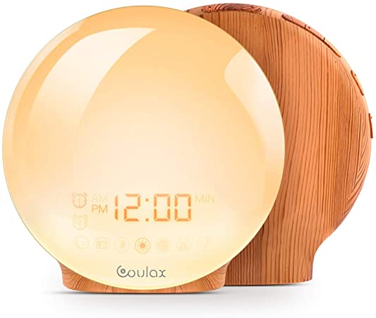 COULAX Wake Up Light Wood Grain Sunrise Alarm Clock Sunset Simulation Night Light with Nature Sounds, FM Radio, Snooze Function and Atmosphere Lamp Function