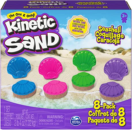 Kinetic Sand, Seashell Containers 8-Pack with 4 Neon Sand Colors and Kinetic Beach Sand, Play Sand Sensory Toys for Kids Ages 3 and up