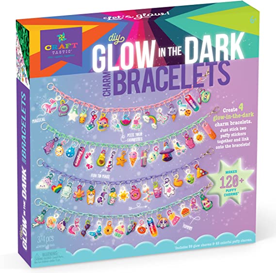 Craft-tastic – DIY Glow in The Dark Charm Bracelets – Design 4 Customizable Bracelets with 120  Easy-to-Make Puffy Sticker Charms – Creative Arts & Crafts Gift – Fun Jewelry Making Set for Kids