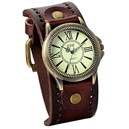 JewelryWe Vintage Leather Strap Wide Band Wristwatch Cuff Quartz Watch for Men - Brown