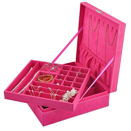 Jewelry Organizer with Lock, Opret Two-Layer Lint Jewelry Box Jewelry Storage Case for Girls and Women (Rose)